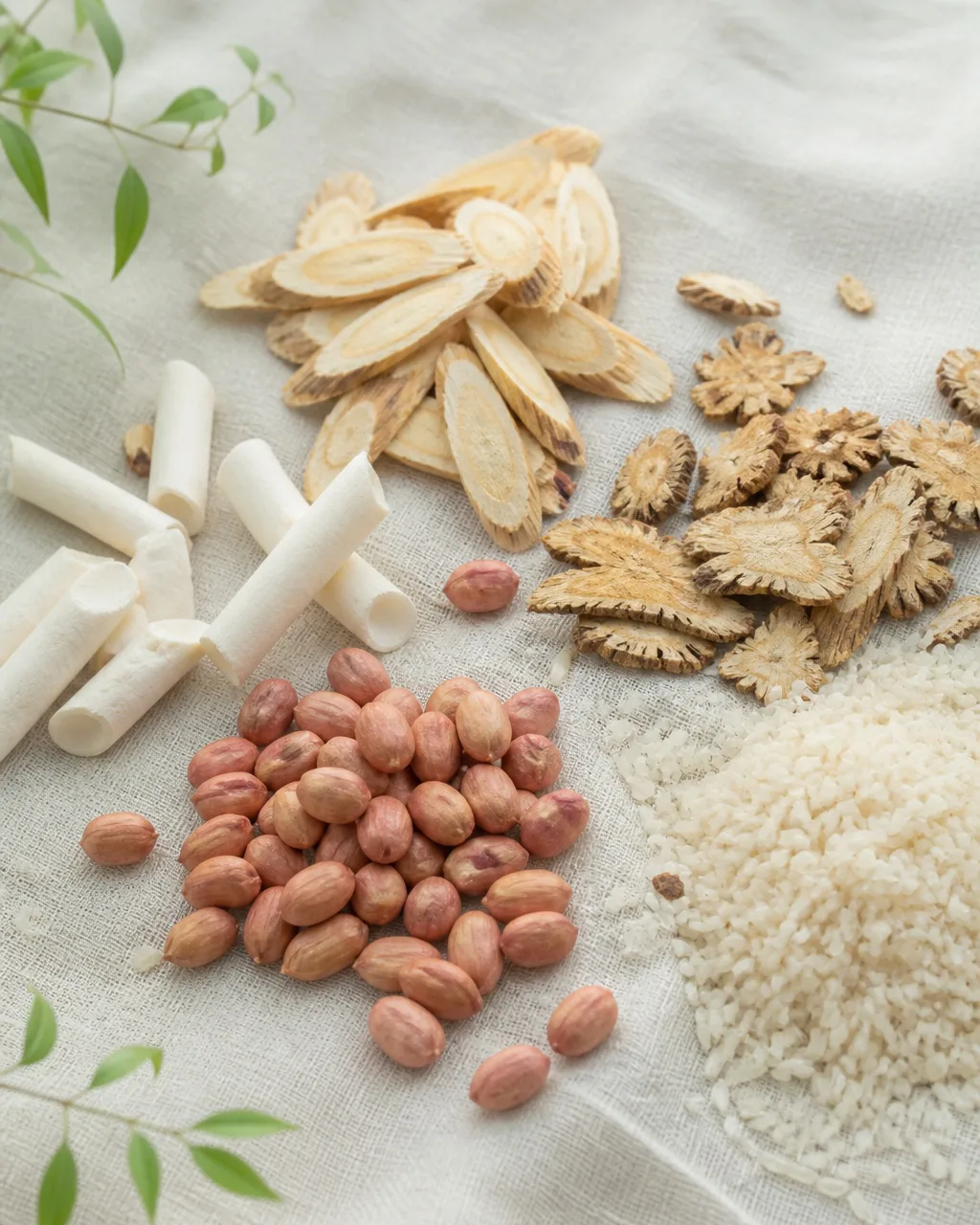 Astragalus, Bupleurum, rice paper pith, peanuts, and rice for porridge