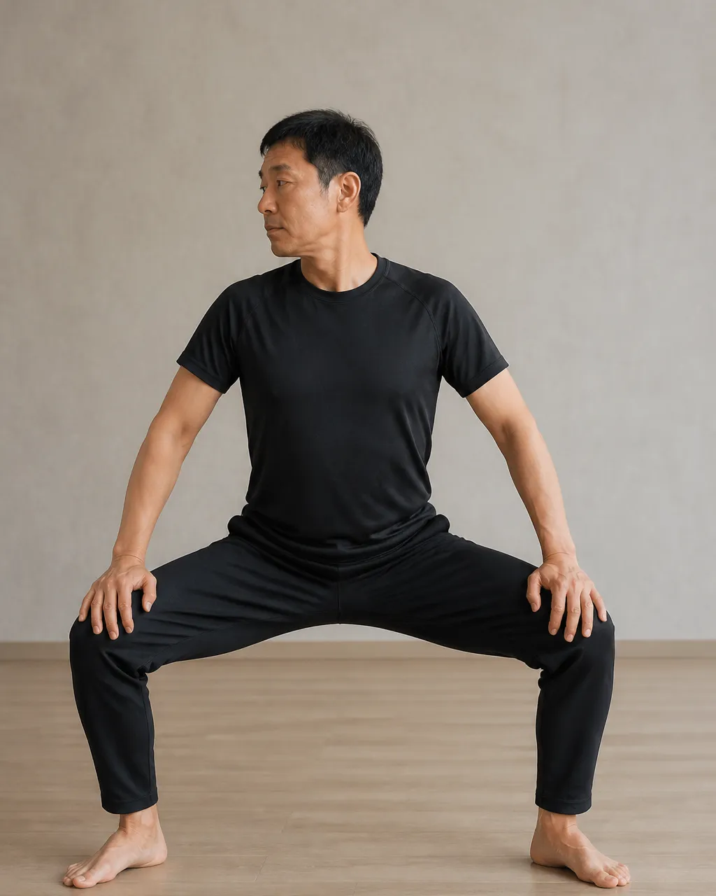 Person in a wide squat with hands on knees for Ba Duan Jin sway-the-head