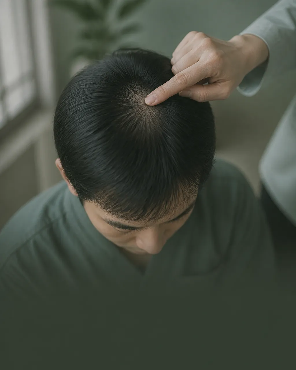 Finger locating Bai Hui GV20 at the crown of the head