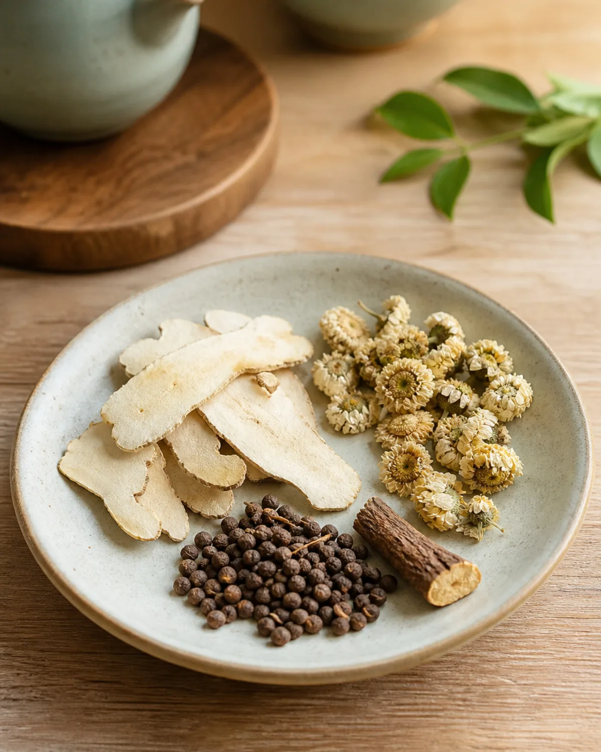 Dried Bai Zhi, white chrysanthemum, Man Jing Zi, and liquorice for mild headache decoction