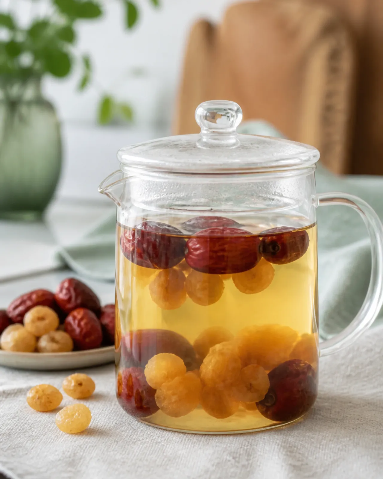 Red dates and dried longan steeping in a glass teapot for Blood Nourishment Tea