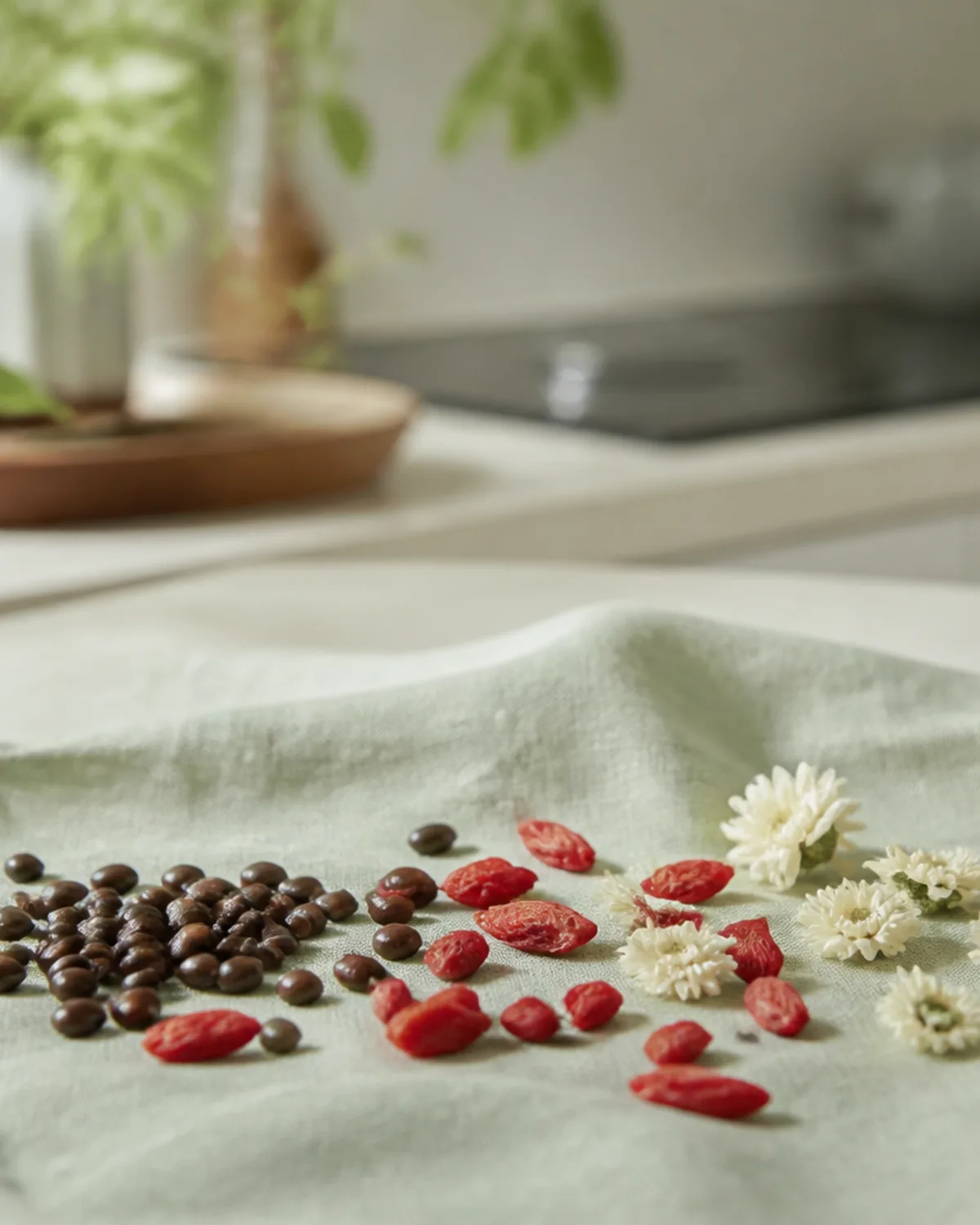 Dried cassia seeds, goji berries, and white chrysanthemum ready to steep