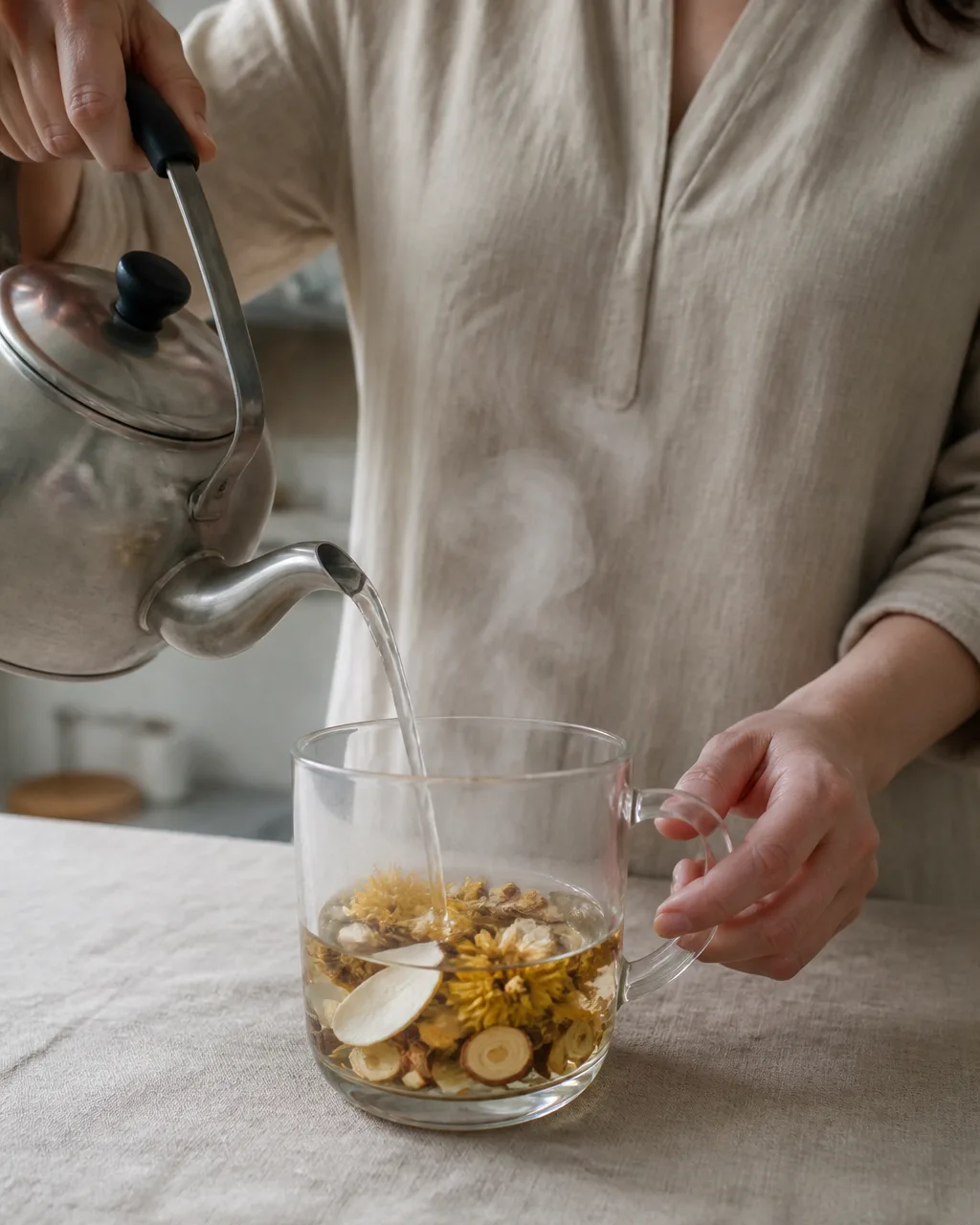 Pouring hot water over chrysanthemum and white peony root for tea
