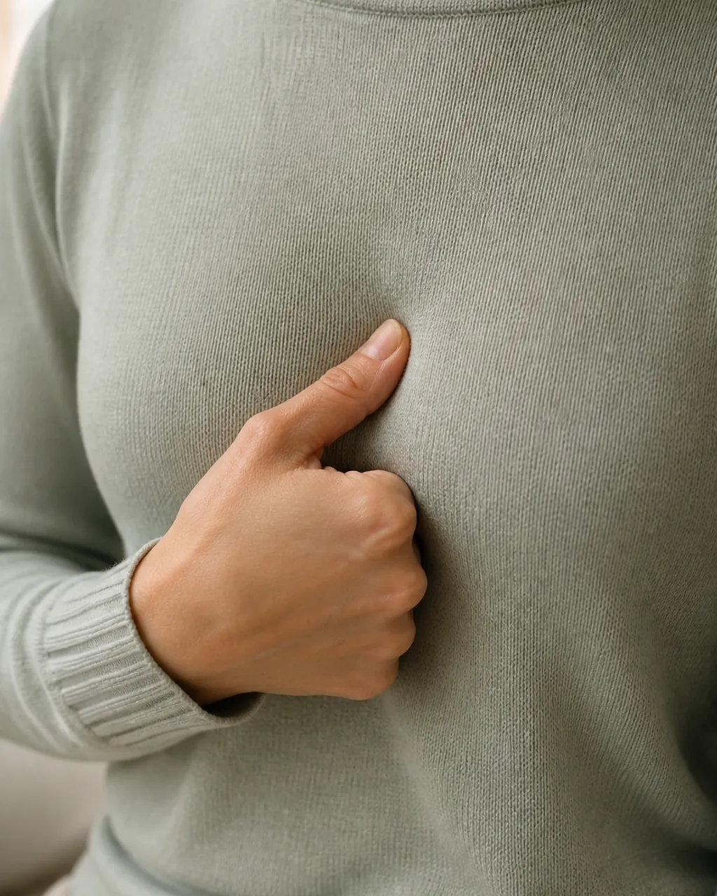 Thumb circling Dan Zhong CV17 on the sternum while breathing slowly