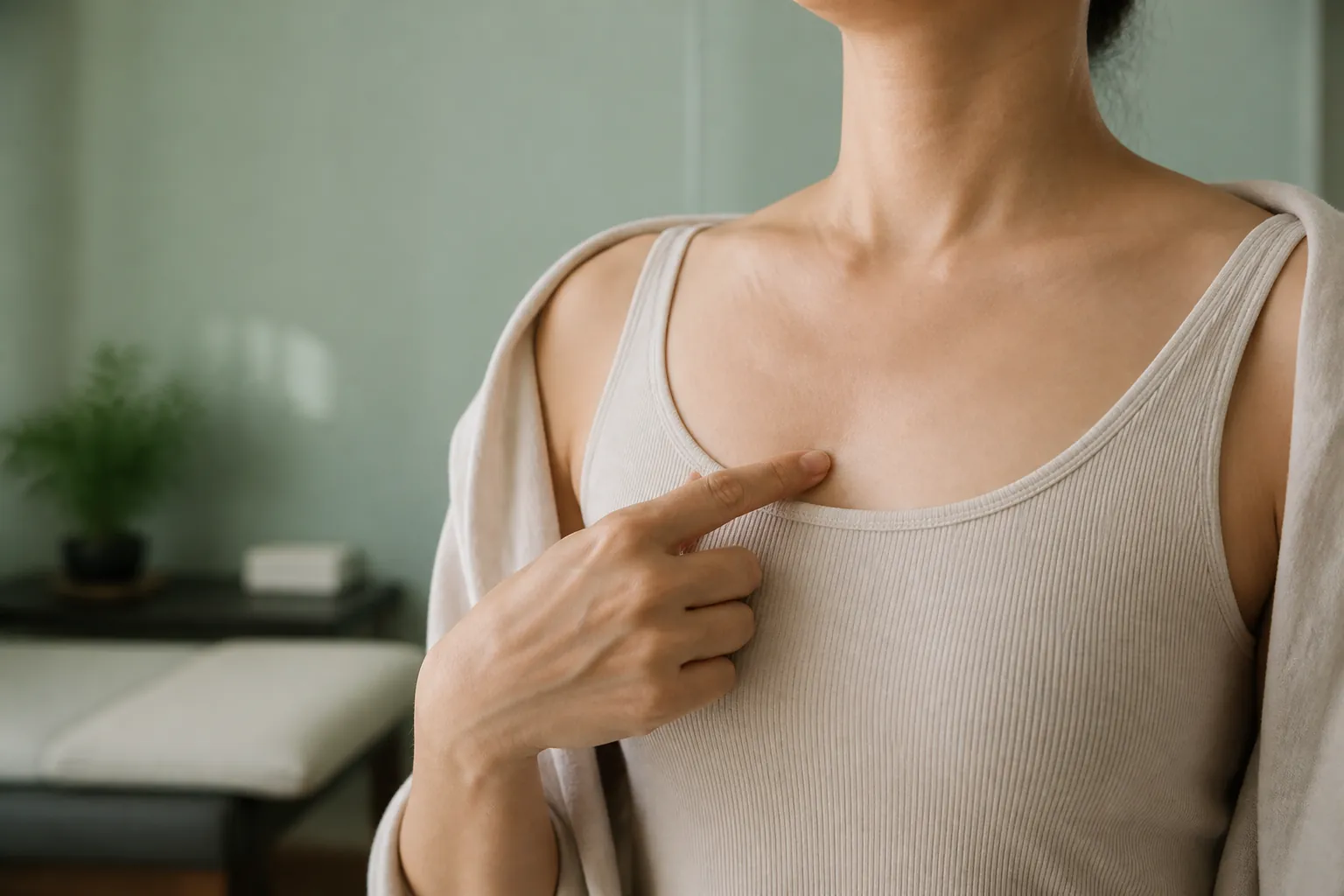 Thumb locating Dan Zhong CV17 on the chest midline between the nipples