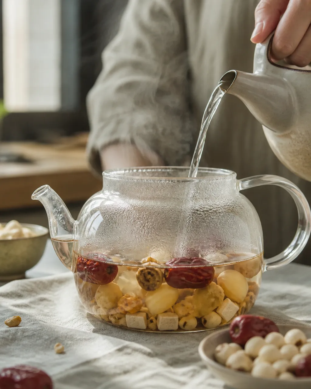 Lily bulb, Fu Shen, longan, and red dates simmering in a glass teapot