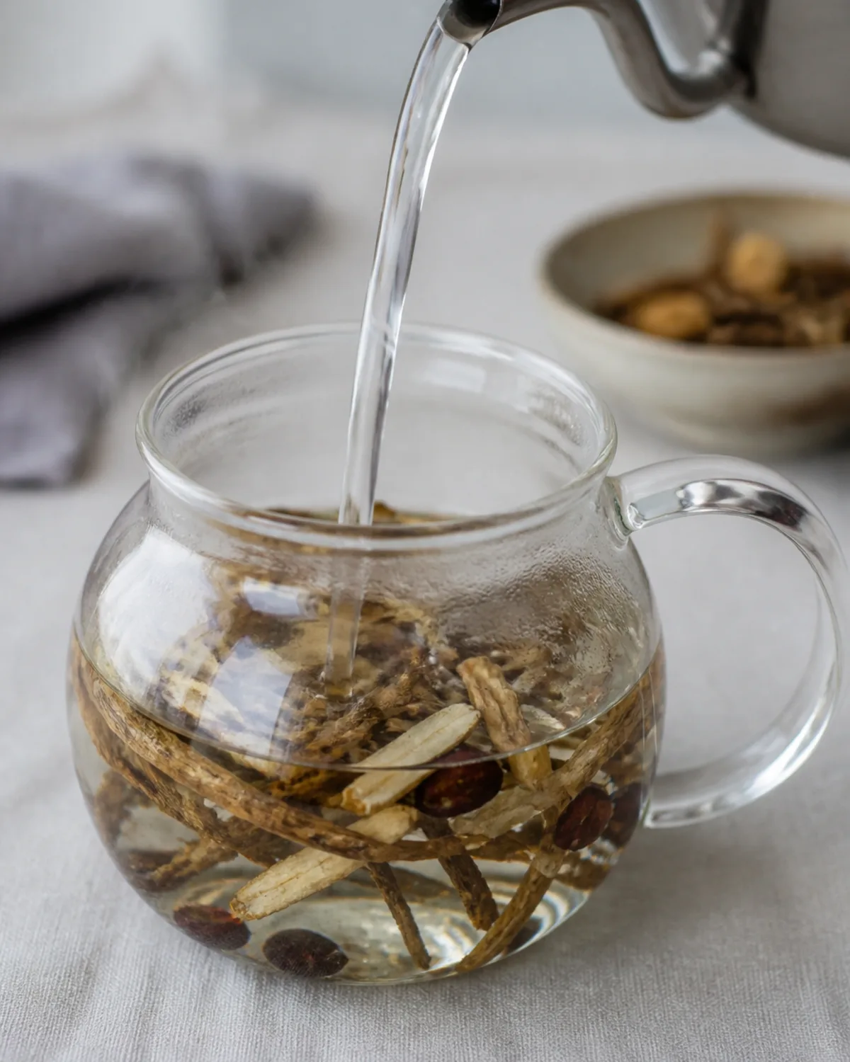 Pouring hot water over polygala, ophiopogon, and spine date seeds in a glass teapot