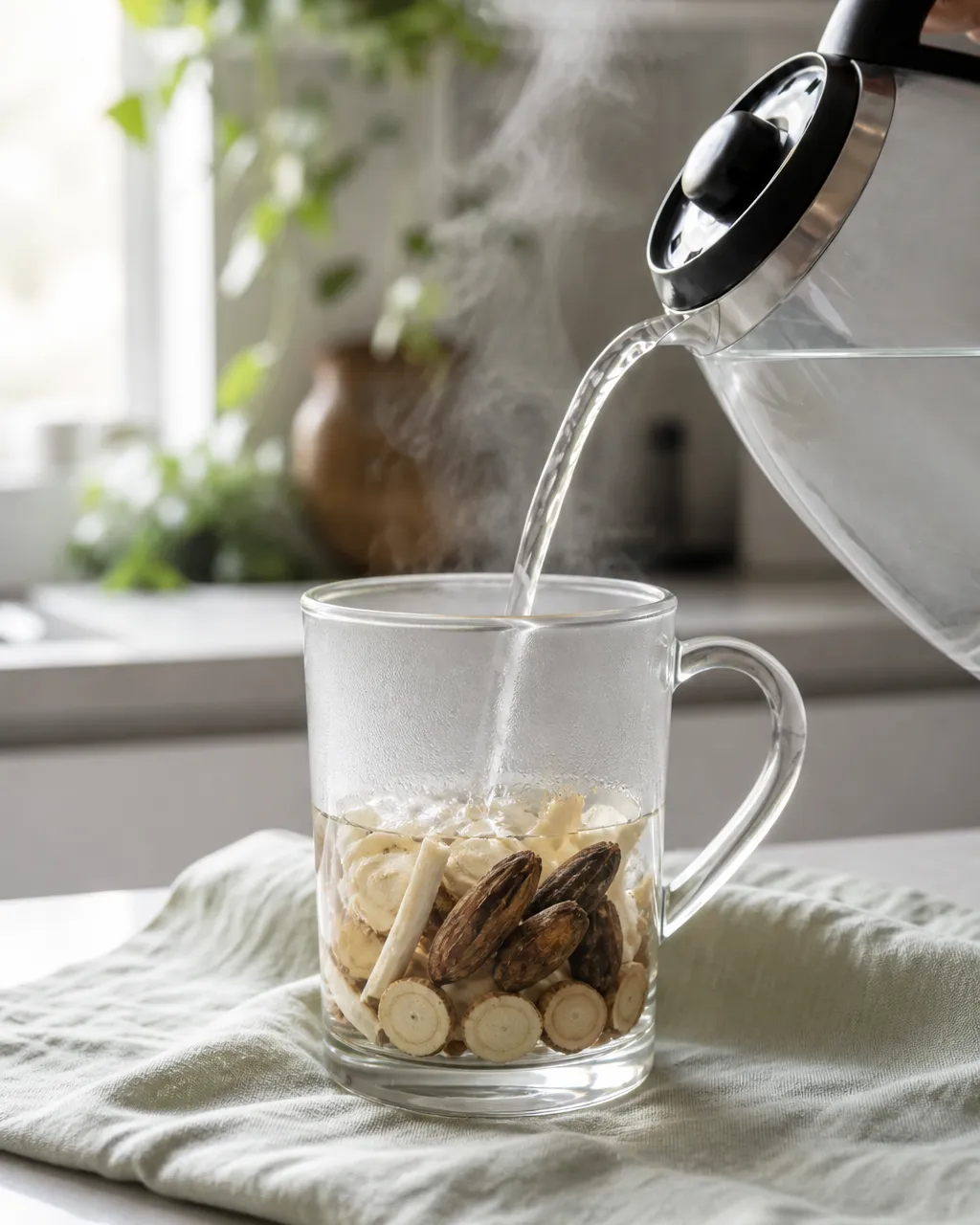 Pouring hot water over Mu Hu Die and Mai Dong in a glass mug