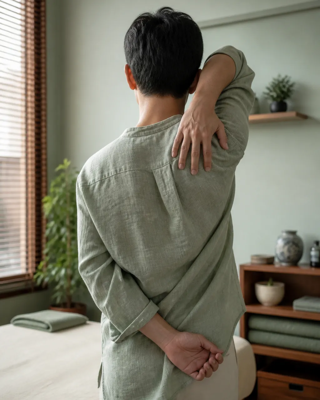 Behind-the-back stretch for frozen shoulder
