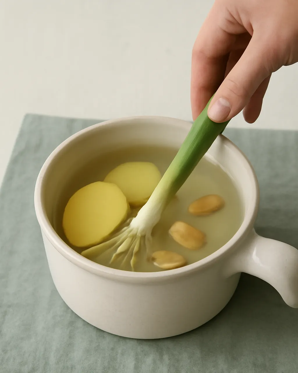 Spring onion with roots being added to ginger soup