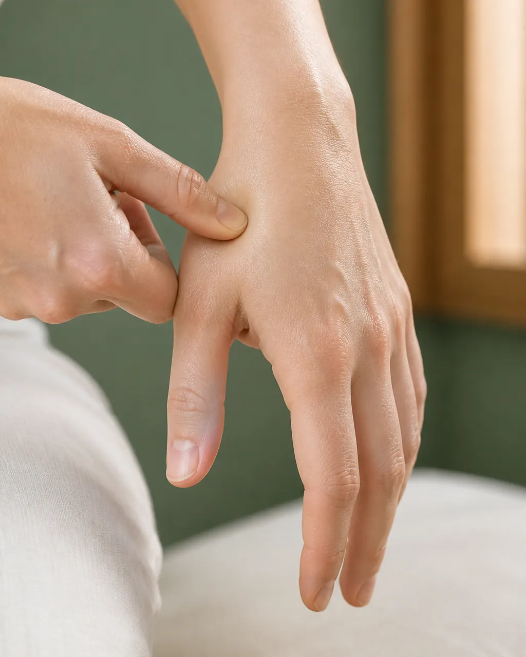 Thumb pressing He Gu LI4 in the fleshy webbing between thumb and index finger
