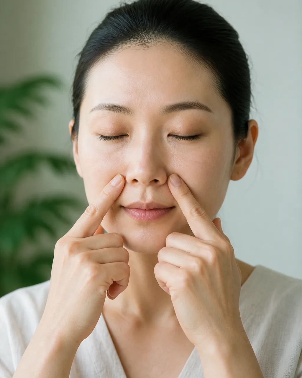 Woman pressing Ying Xiang LI20 beside both nostrils for a haze runny nose