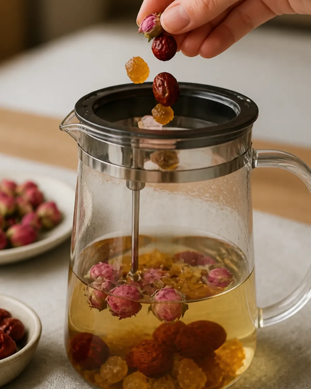 Rose buds, red dates, and dried longan steeping in a glass teapot