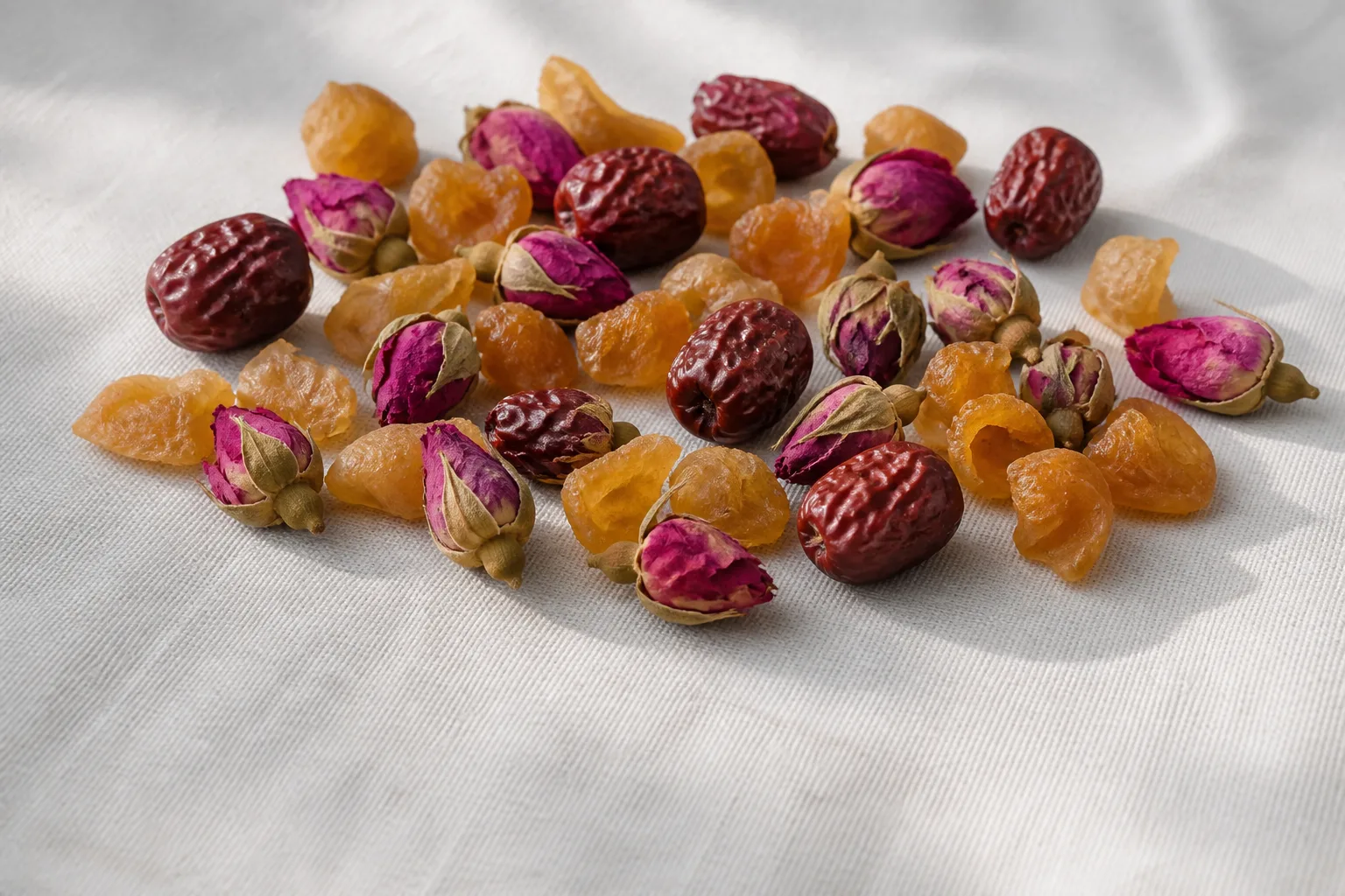Dried rose buds, red dates, and longan for dry dull skin tea at PULSE TCM