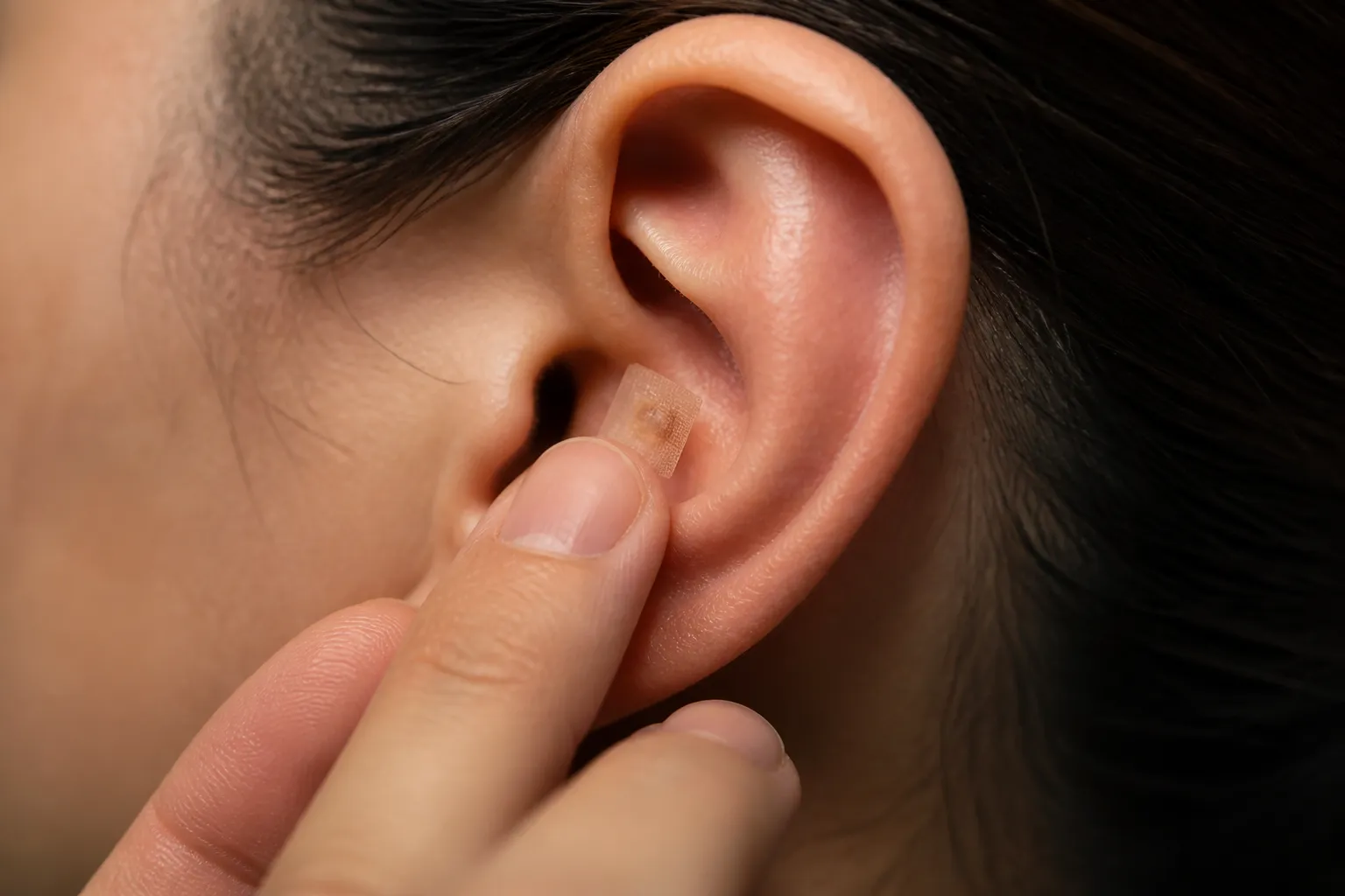 Finger pressing an ear seed plaster on the outer ear