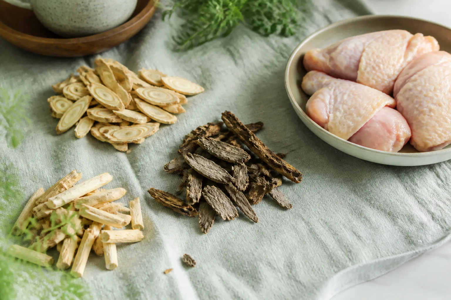 Dried Huang Qi, Dang Gui, Sha Shen, and chicken pieces for post-COVID recovery soup at PULSE TCM
