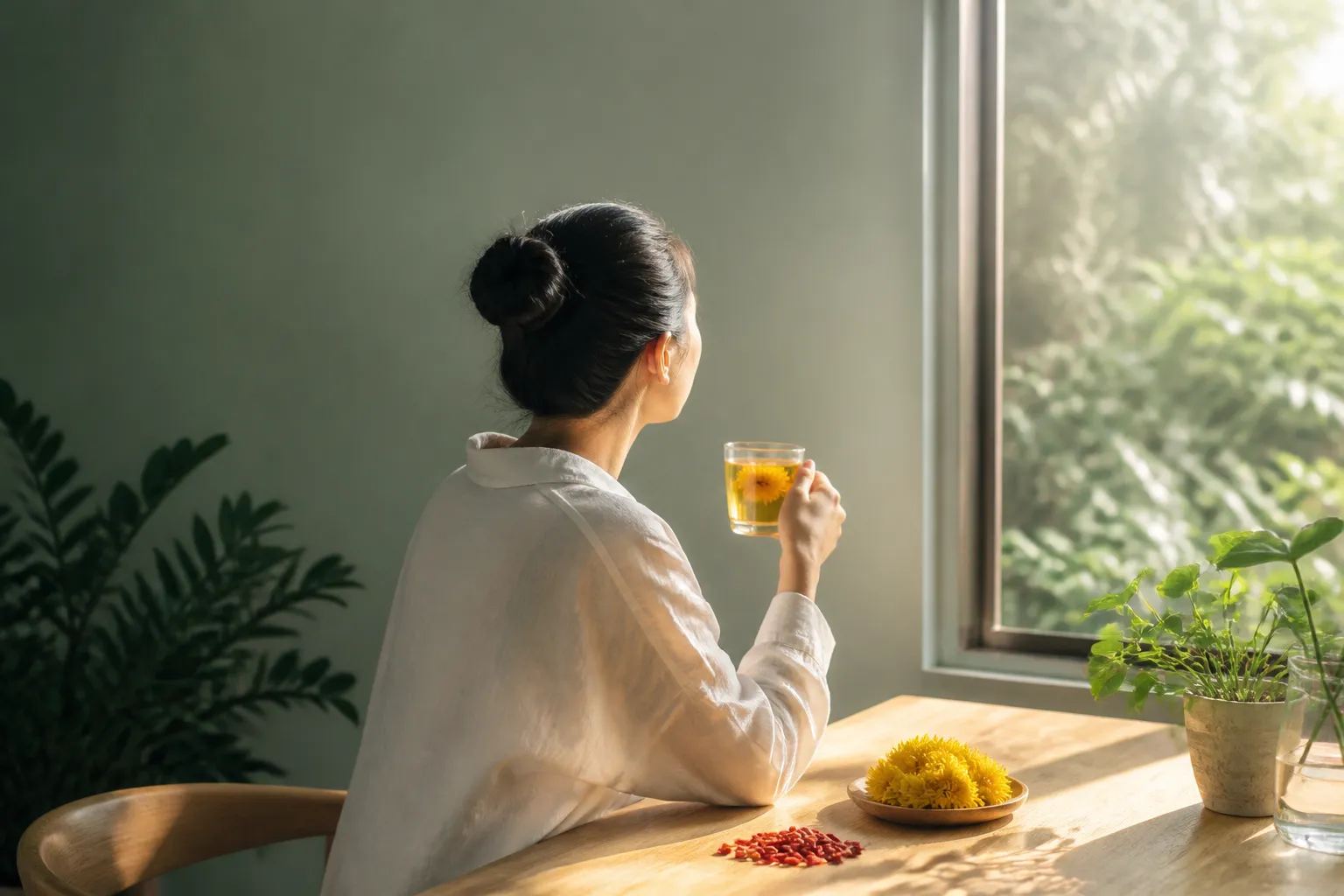 Sunlit morning with chrysanthemum tea for everyday TCM tips at PULSE