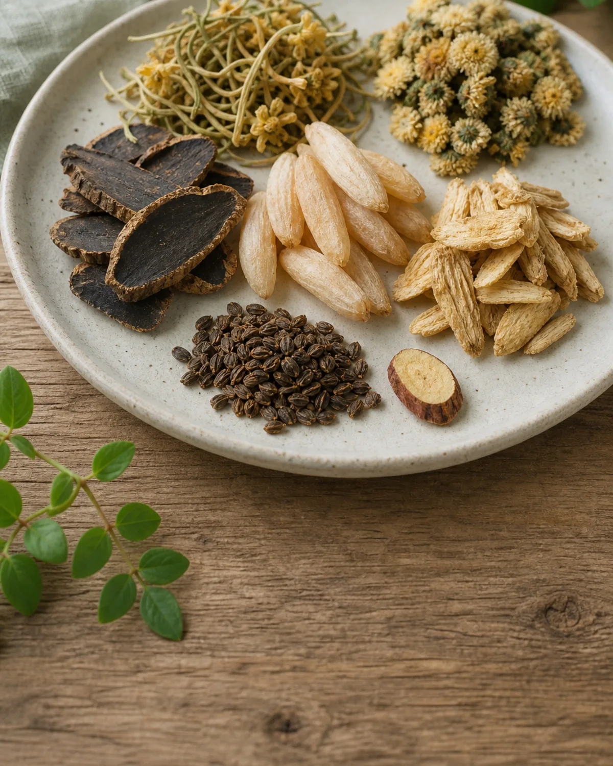 Dried honeysuckle, wild chrysanthemum, Xuan Shen, Mai Dong, and throat herbs for mild sore-throat decoction