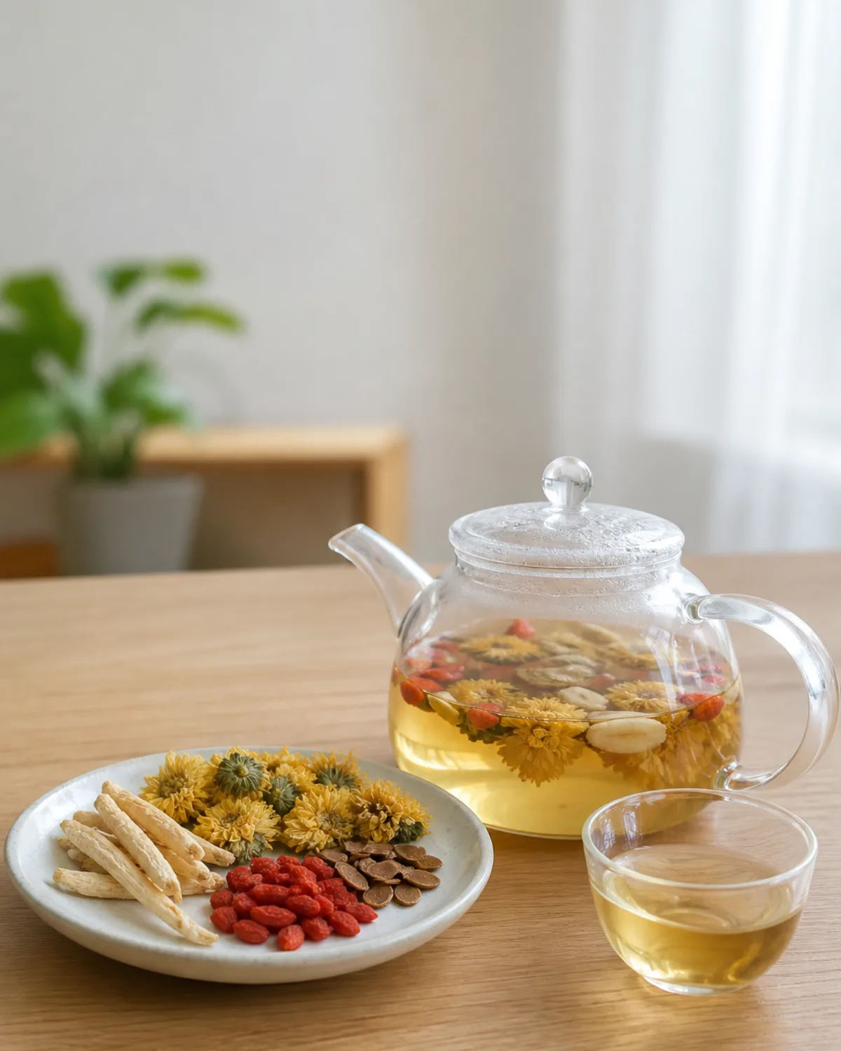 Chrysanthemum, wolfberry, Mai Dong, and Mu Hu Die steeping for dry-eye tea