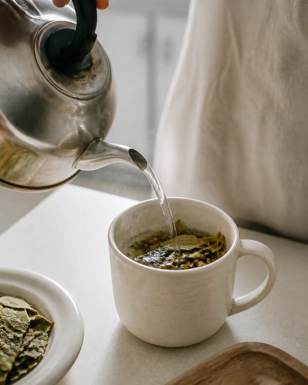 Steeping lotus leaf and cassia seed tea in a ceramic mug