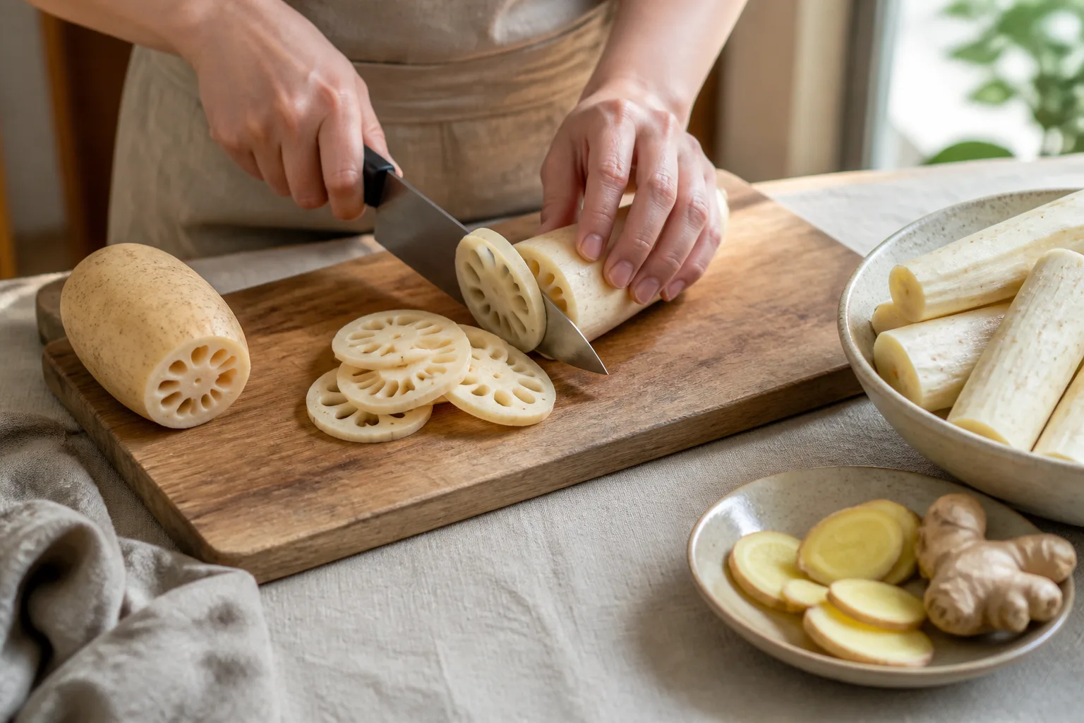 Hands slicing lotus root with Chinese yam and ginger on a board