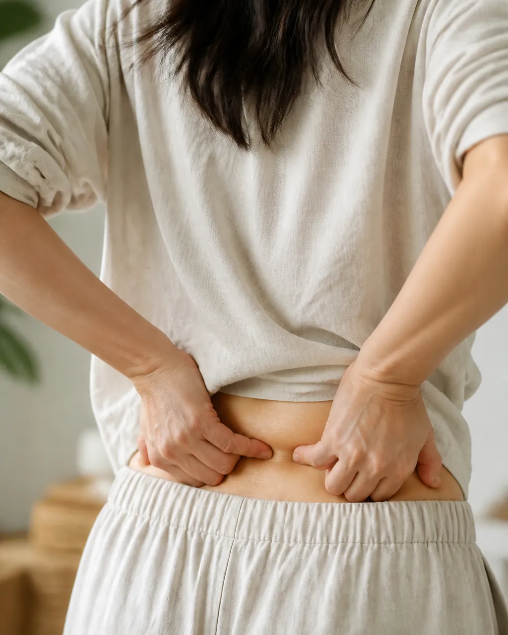 Hands pressing the lower back for Yaoyangguan DU3 acupressure