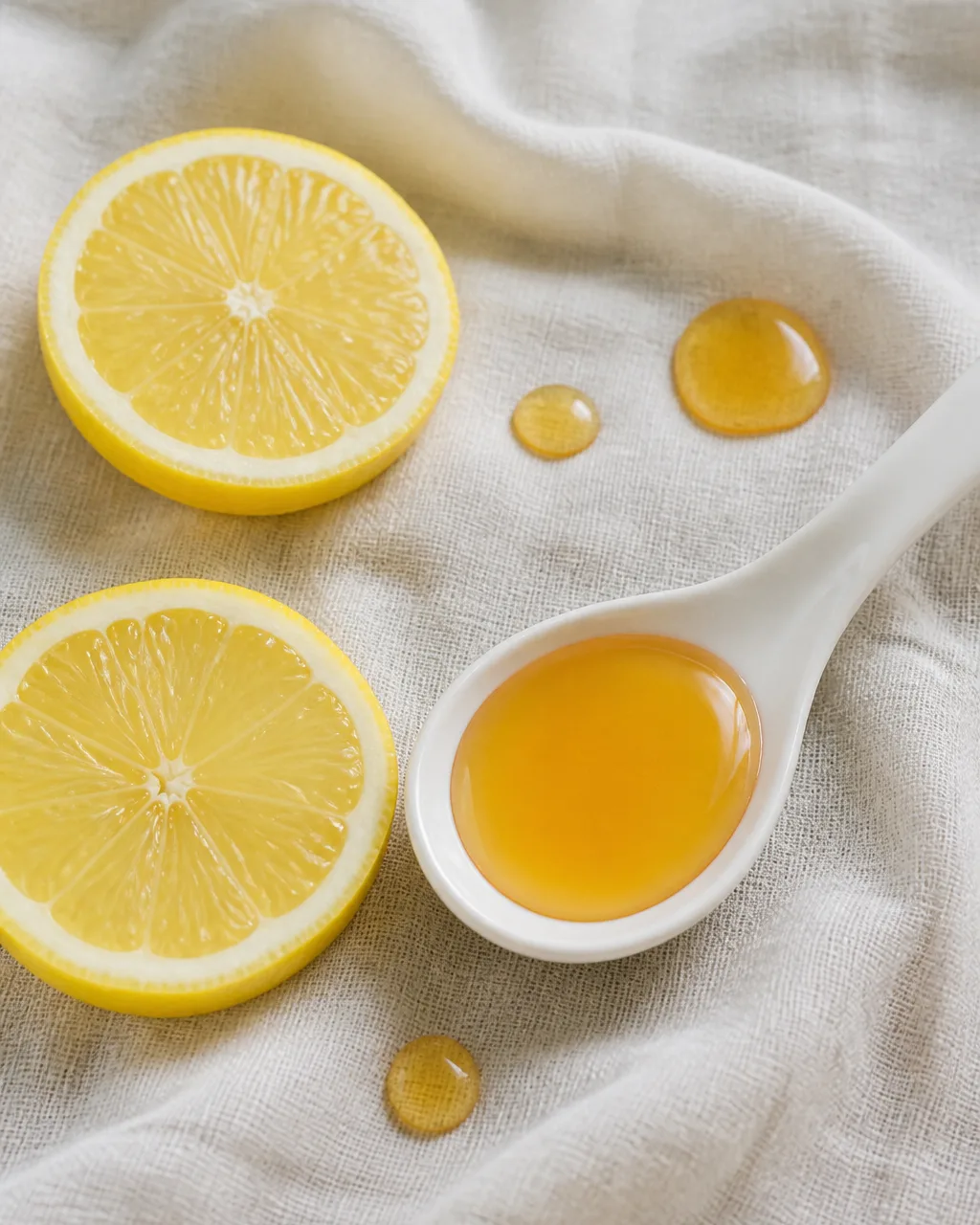 Lemon slices and a spoon of honey for Manuka honey lemon drink