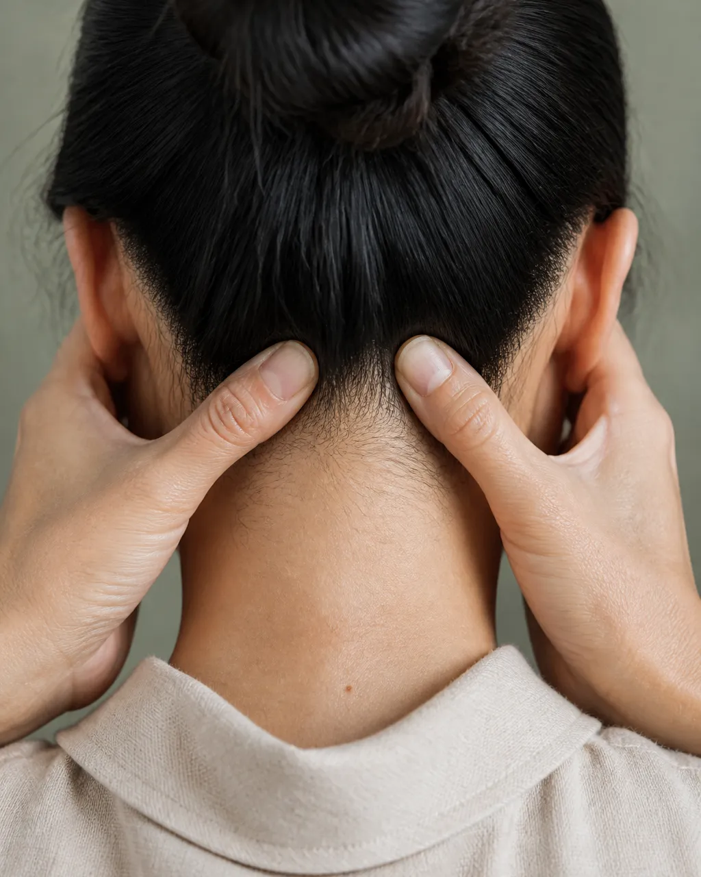 Adult pressing thumbs into Feng Chi GB20 hollows at the base of the skull for migraine acupressure