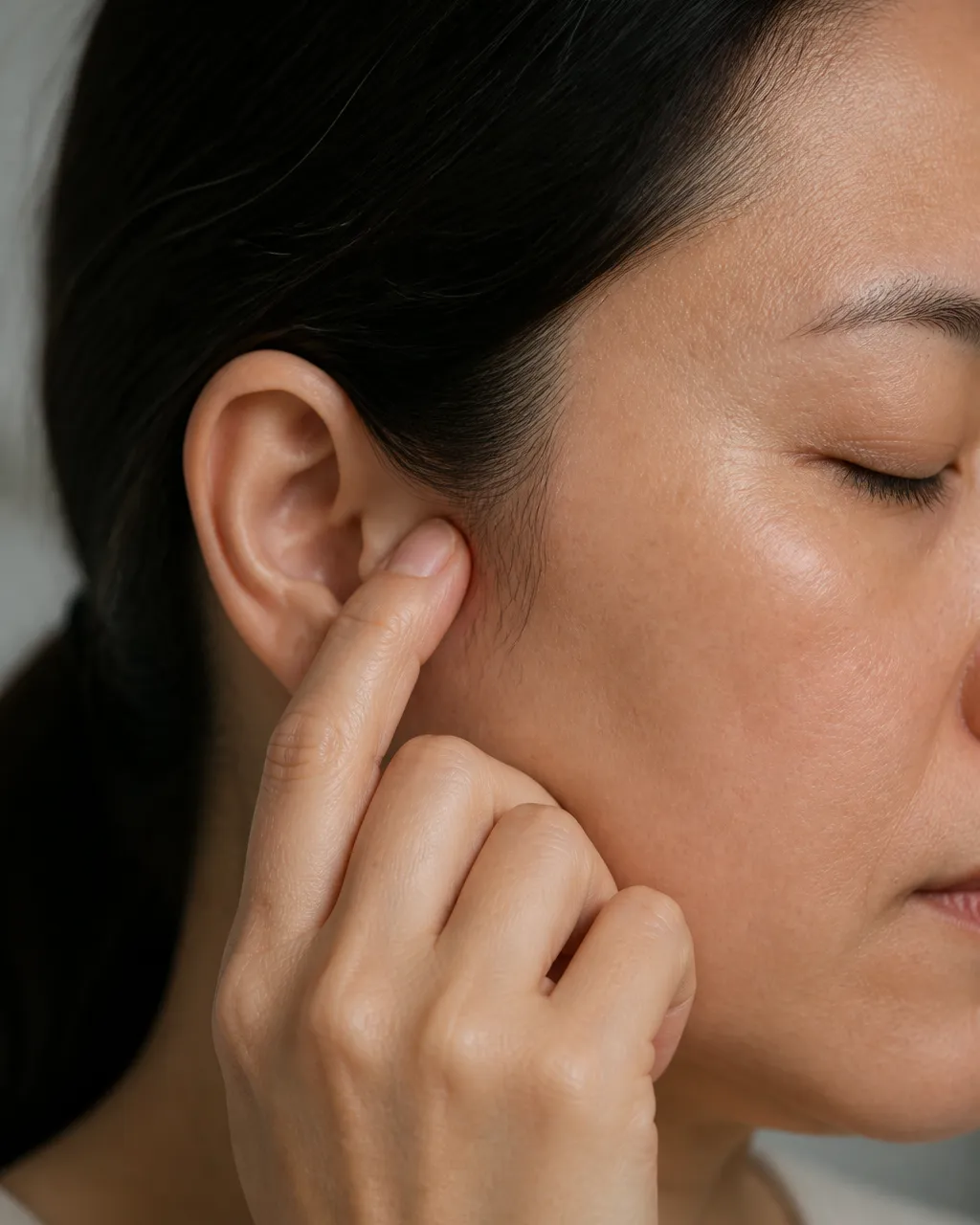 Fingertips pressing Er Men SJ21 in the depression in front of the ear for ear-affected migraine