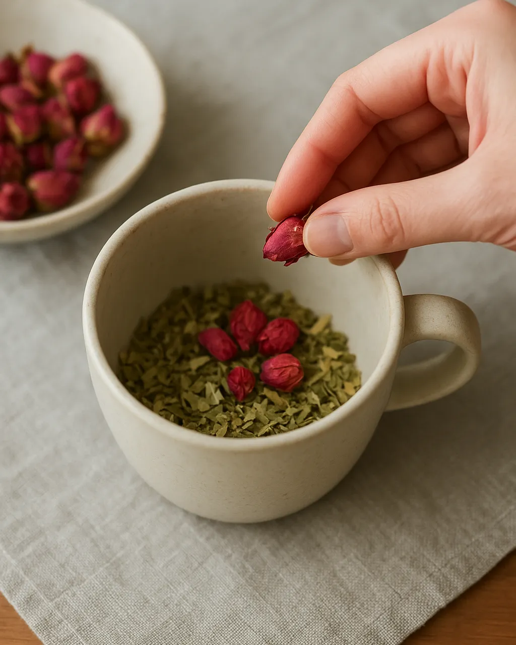 Dried motherwort and rose buds being added to a mug