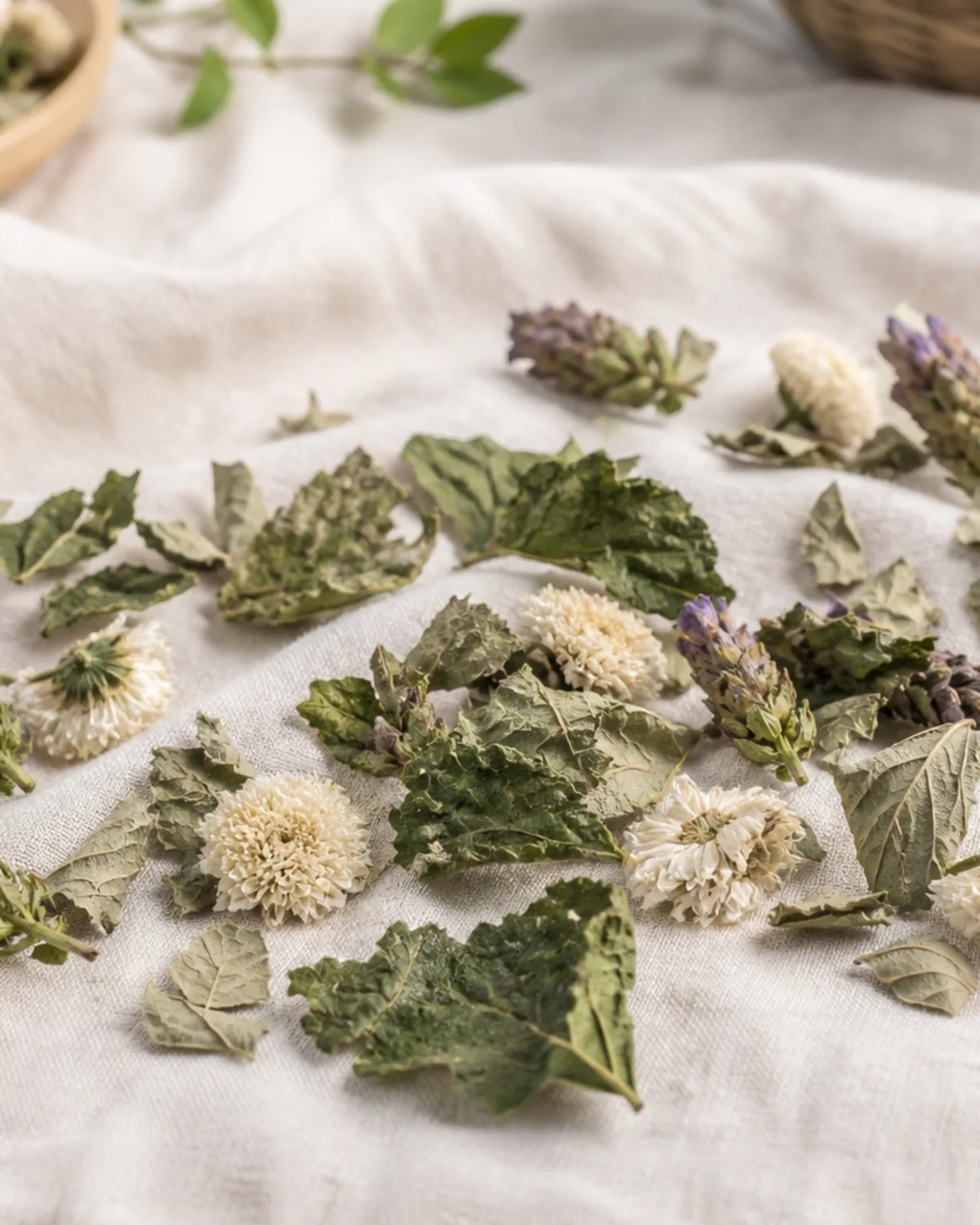 Dried mulberry leaf, white chrysanthemum, Apocynum, and Prunella ready to steep