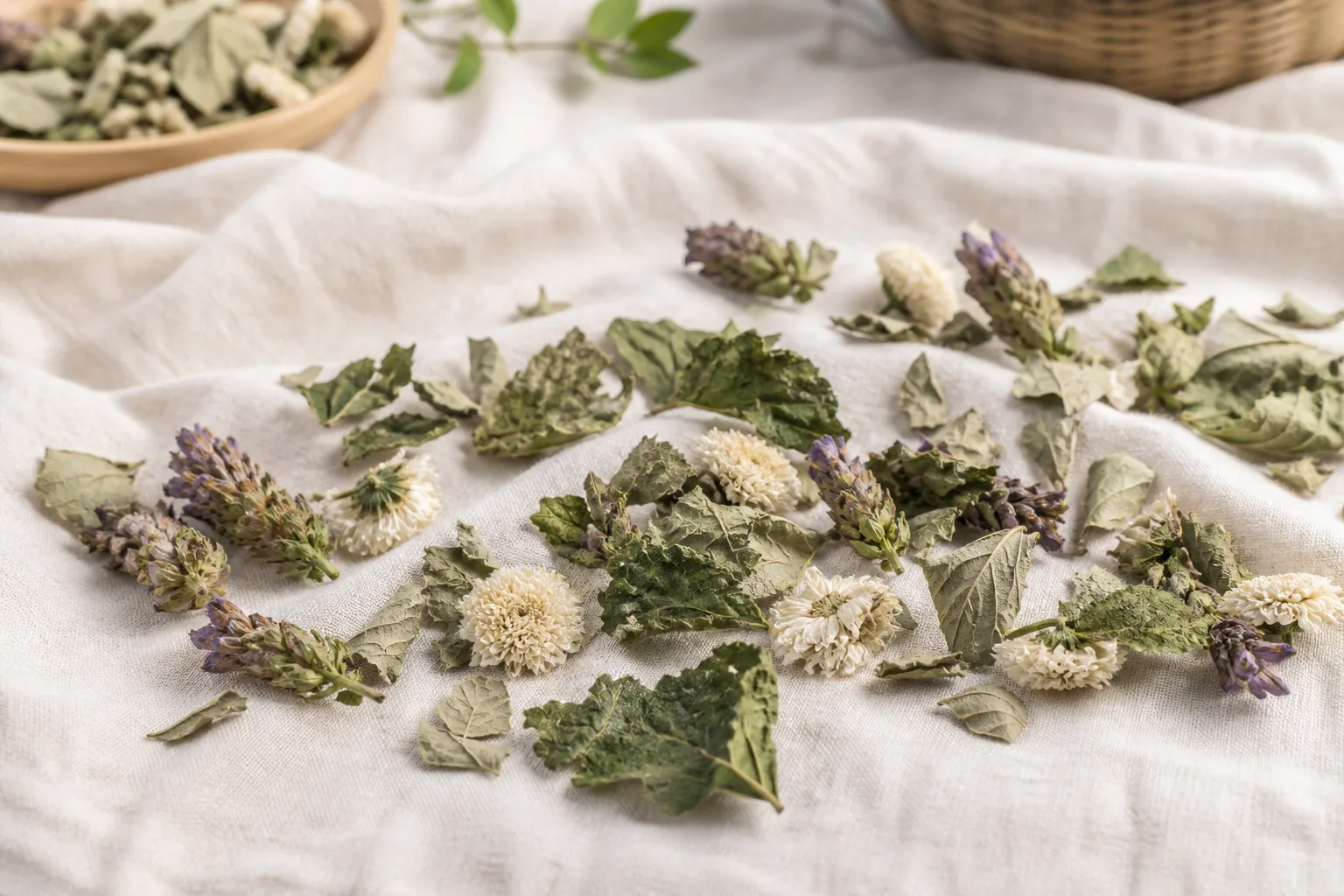 Dried mulberry leaf, white chrysanthemum, Apocynum, and Prunella for tea at PULSE TCM