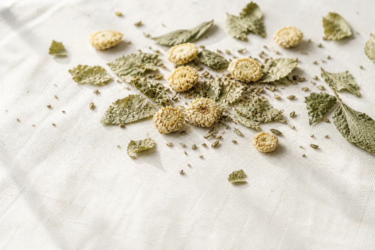 Dried mulberry leaf, chrysanthemum, and peppermint for chrysanthemum tea at PULSE TCM