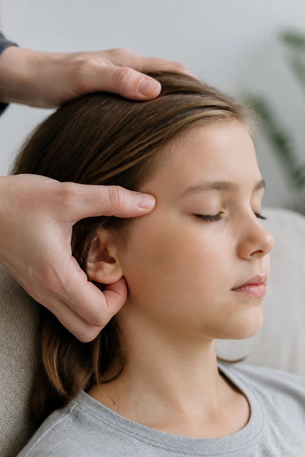 Adult fingertips gently pressing the temple hollow for paediatric migraine acupressure