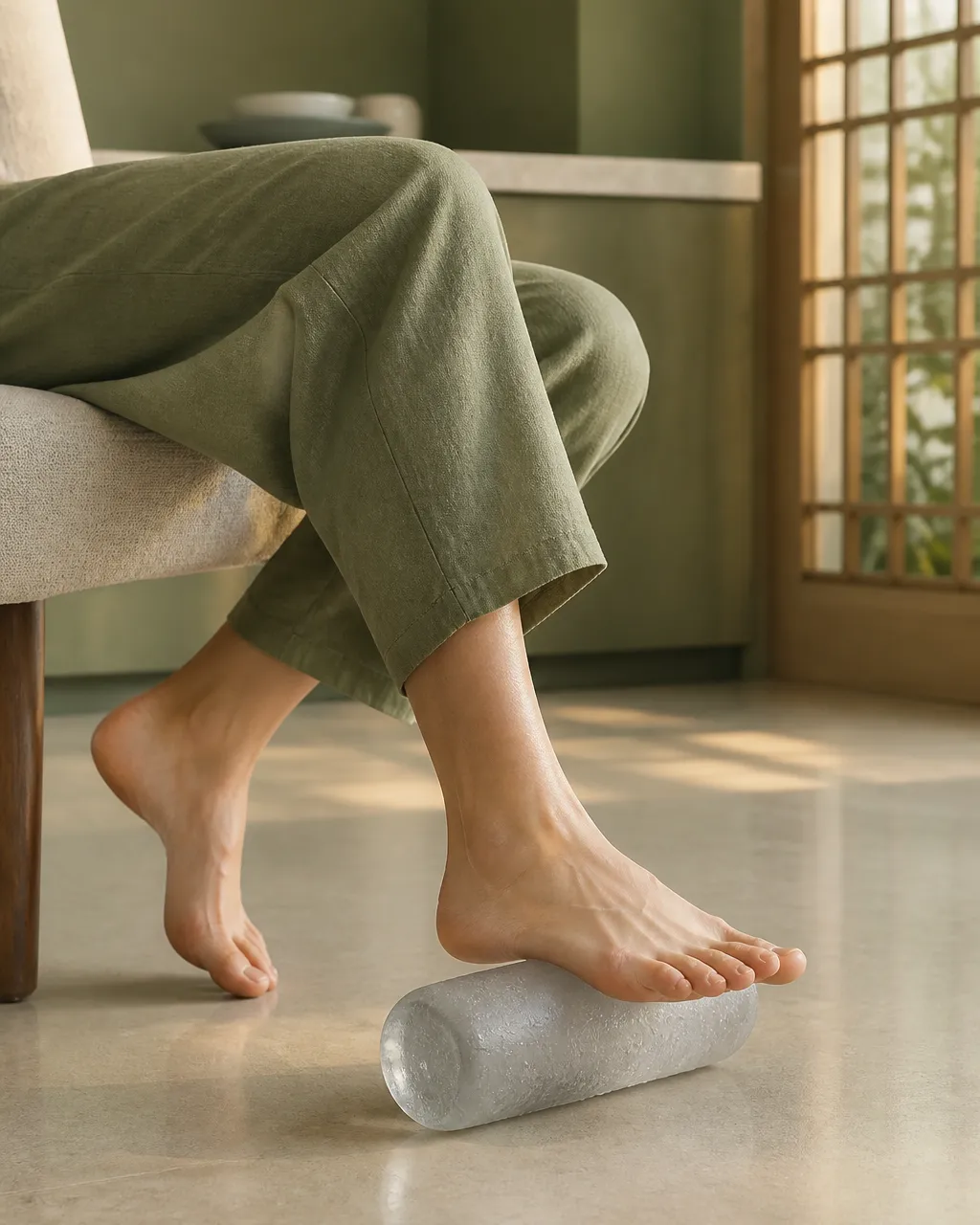 Foot rolling over a roller for plantar fascia