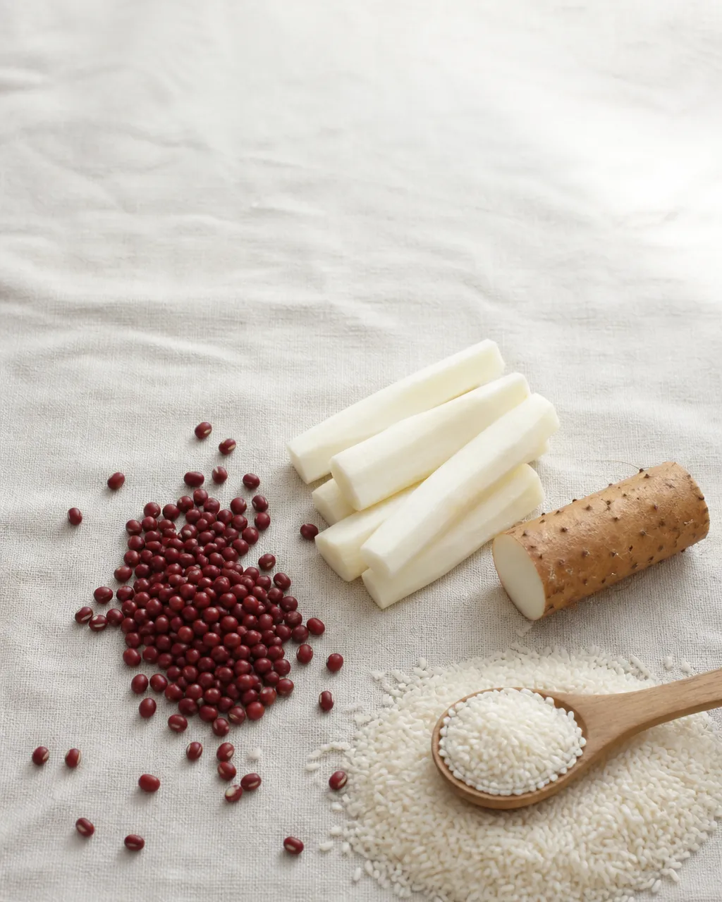 Red adzuki beans, peeled Chinese yam sticks, and uncooked rice for Spleen damp porridge