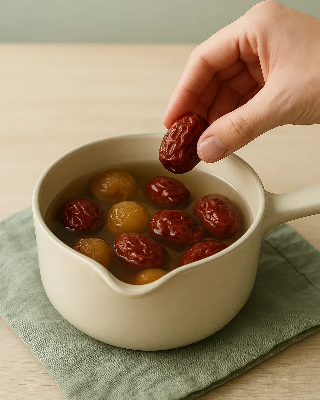 Dried red dates and longans being added to a pot