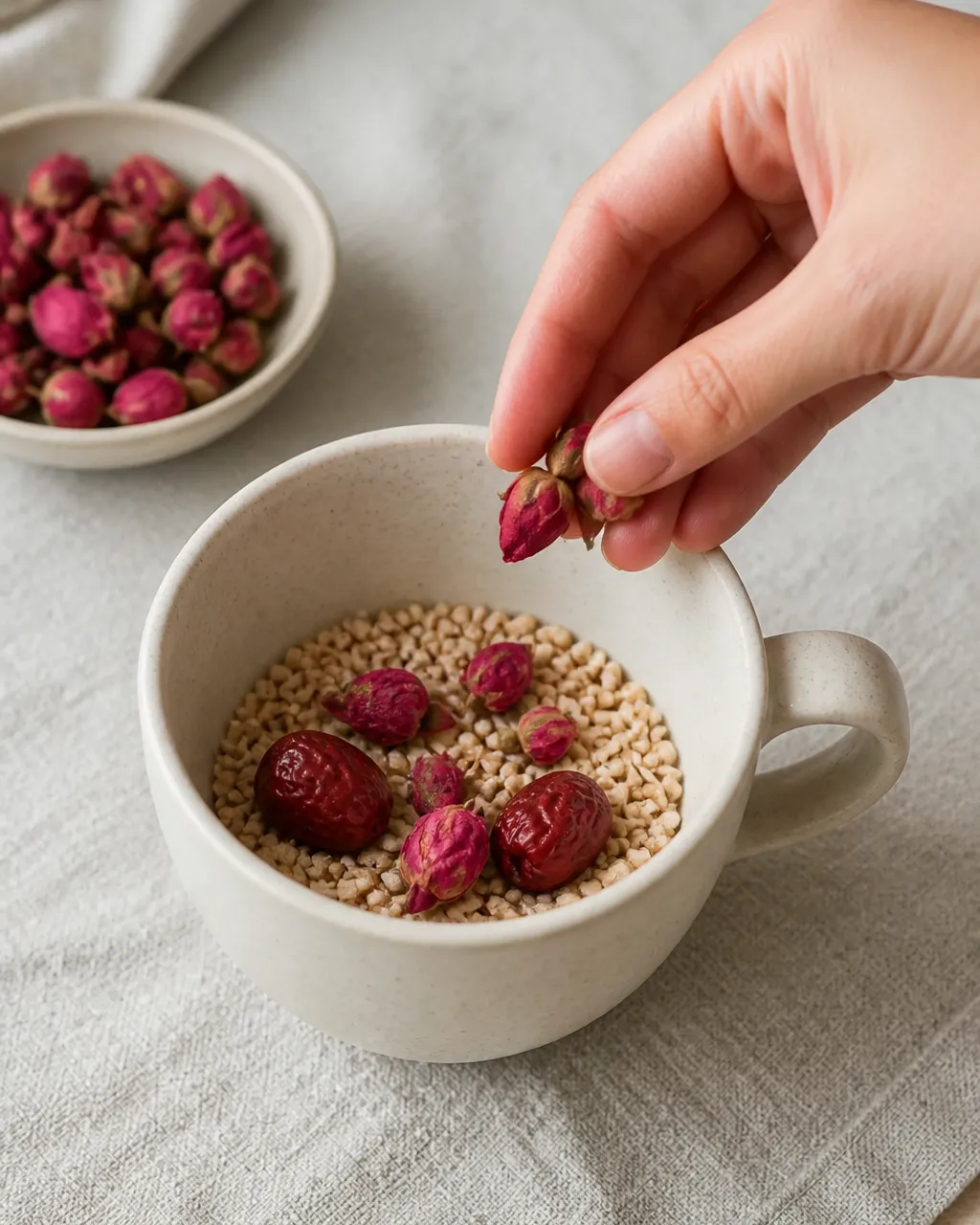 Hand dropping dried rose buds into a mug with Fu Xiao Mai and red dates