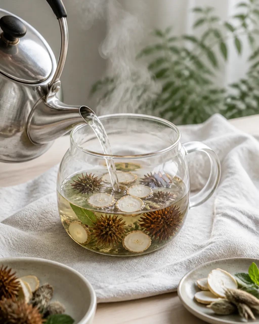 Pouring hot water over Cang Er Zi and nasal herbs in a glass teapot