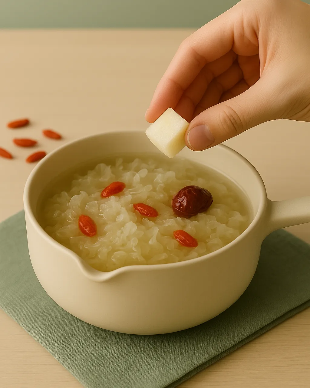 Snow fungus, goji, and pear being added to a soup pot