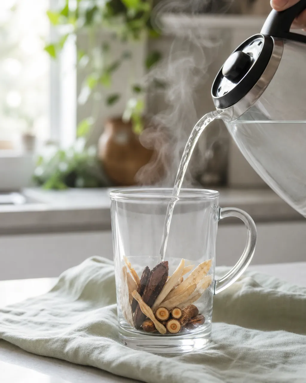 Pouring hot water over Mai Dong and Xuan Shen in a glass mug
