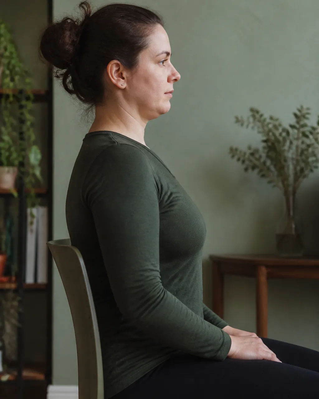 Seated chin tuck for stiff neck and desk posture