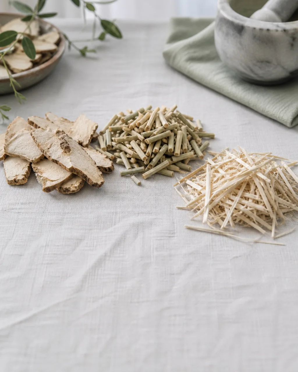 Dried kudzu, reed rhizome, and imperata root for 三根汤 at PULSE TCM