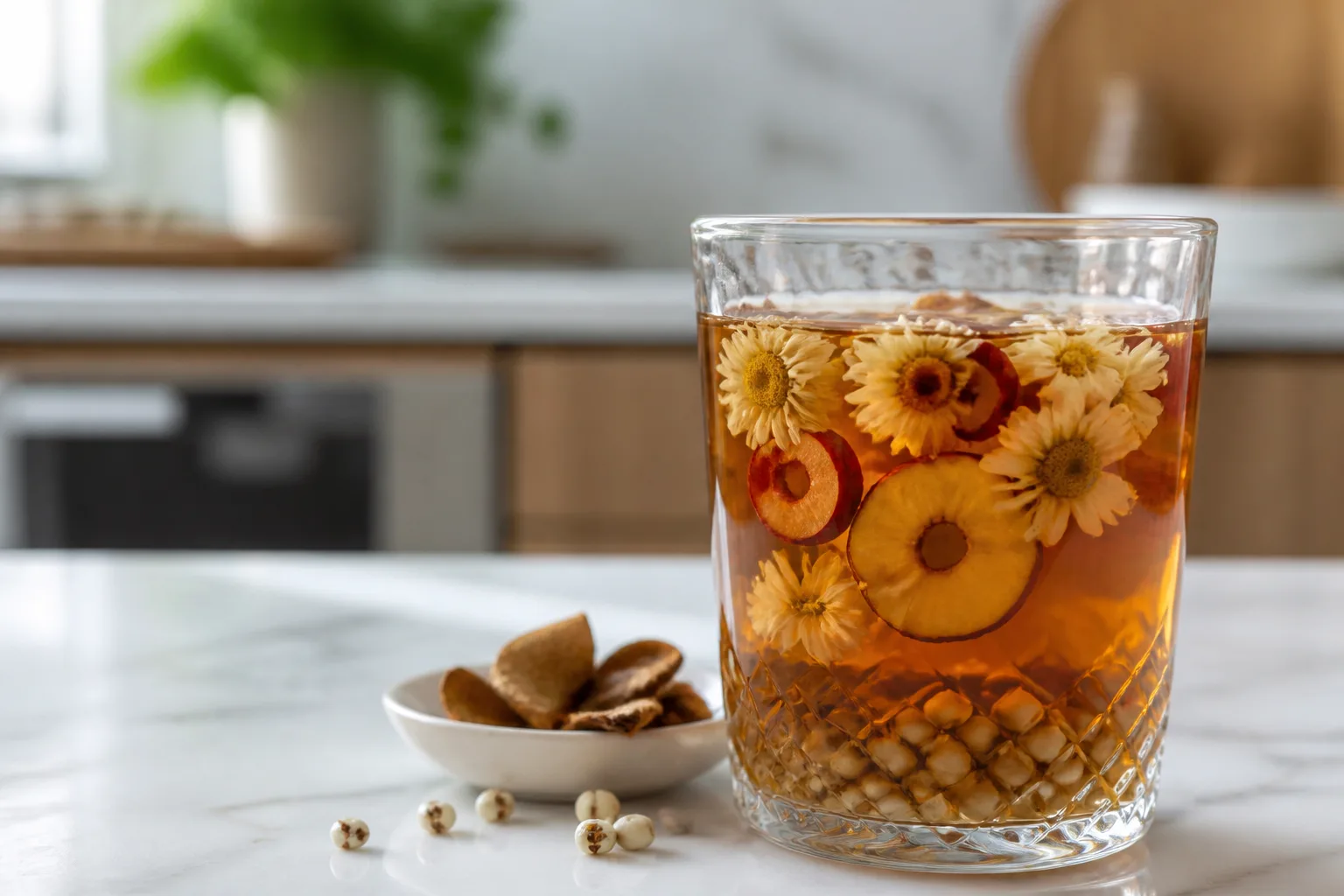 Glass of hawthorn, chrysanthemum, chen pi, and Chinese barley tea at PULSE TCM