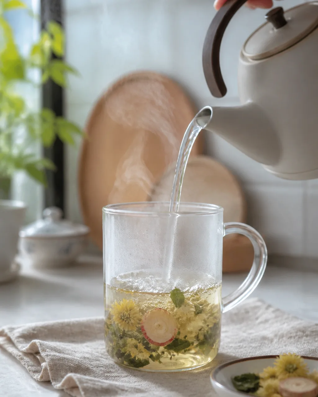 Pouring hot water over mulberry leaf and chrysanthemum for wind cold tea