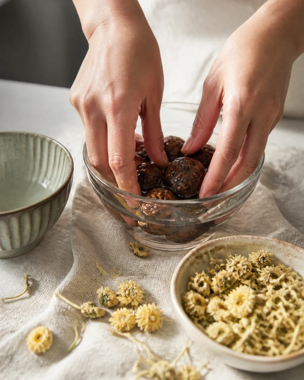 Malva nut soaking beside yellow chrysanthemum and honeysuckle