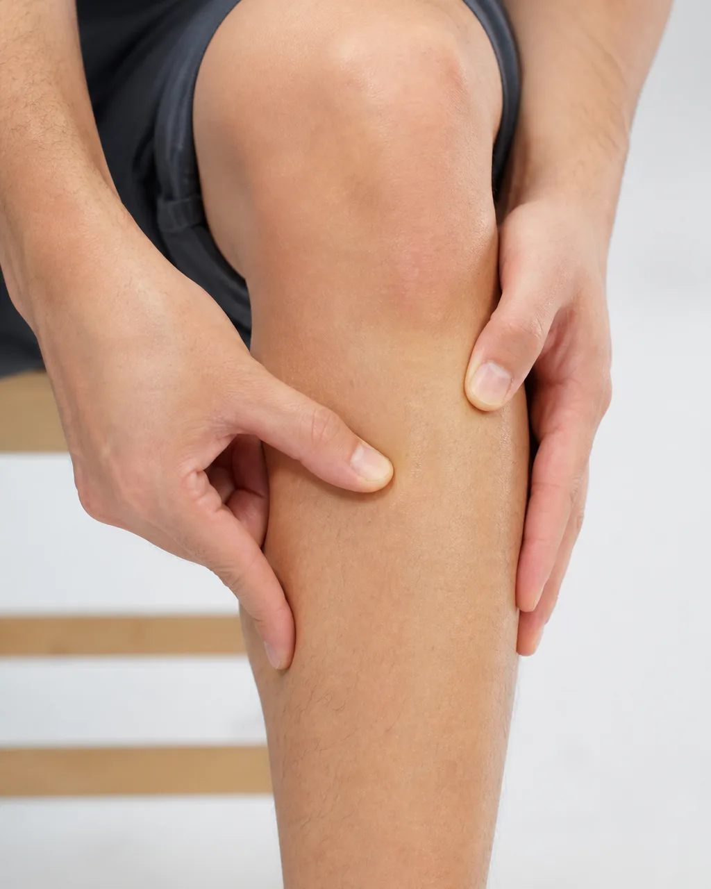 Hands measuring four finger-widths below the kneecap to locate Zu San Li ST36 on the outer shin, marked with a yellow dot