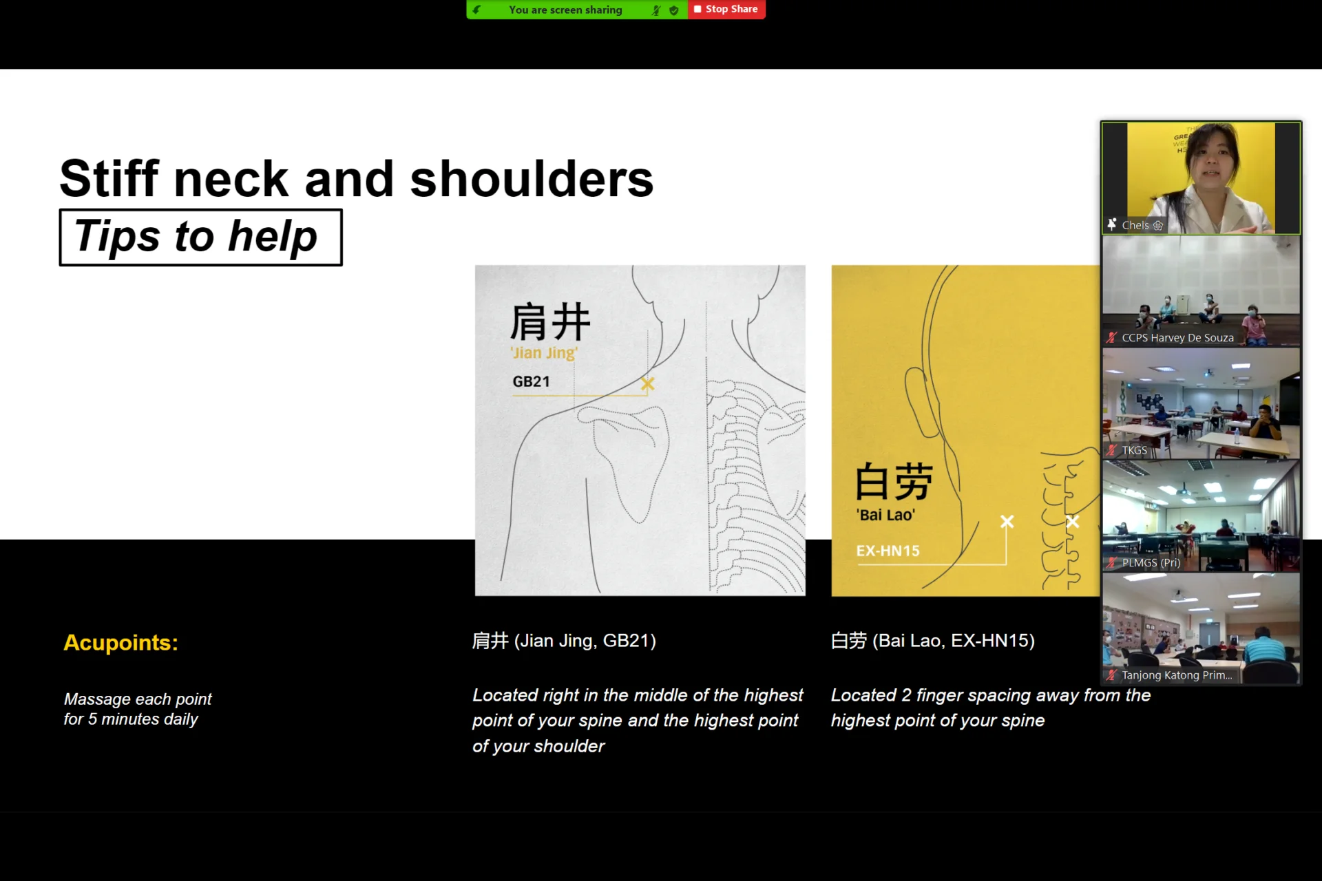 Common Work-Related Pain & Stress, and Acupoints Exercises to relieve it at a PULSE TCM corporate session
