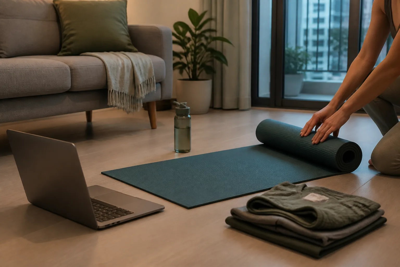 Yoga mat and laptop set up on a living-room floor ready for a home workout