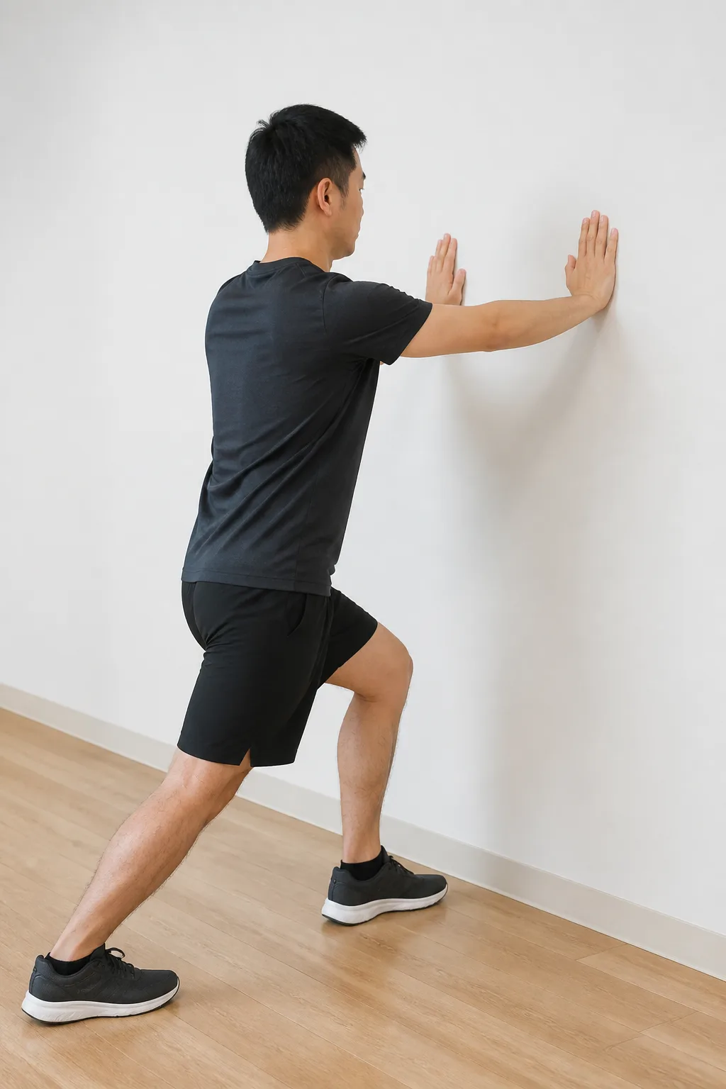Person facing a wall with a bent back knee stretching the lower calf